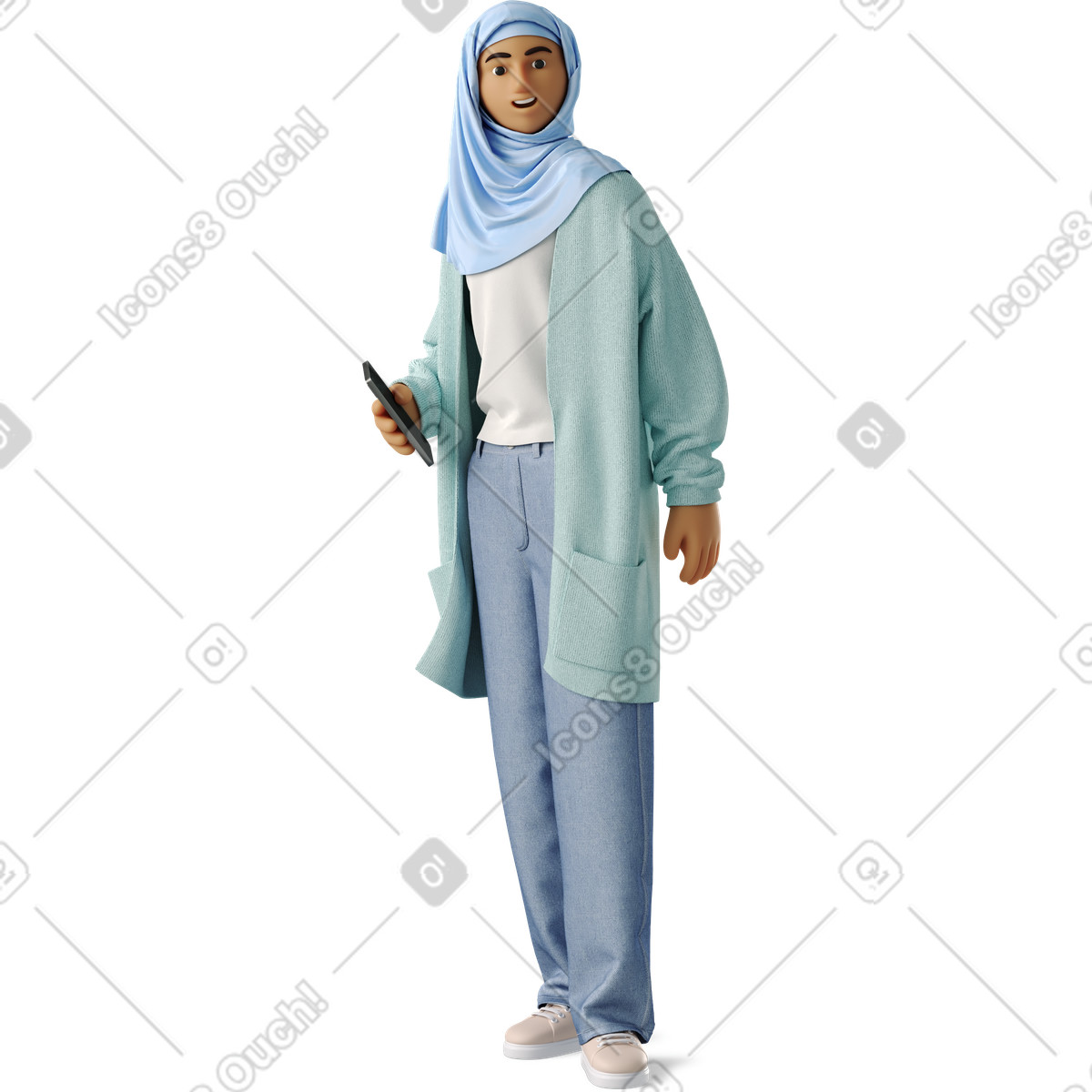 Illustration Young woman in hijab stands with a phone her hand dans le style 3D Business à télécharger aux formats PNG, SVG