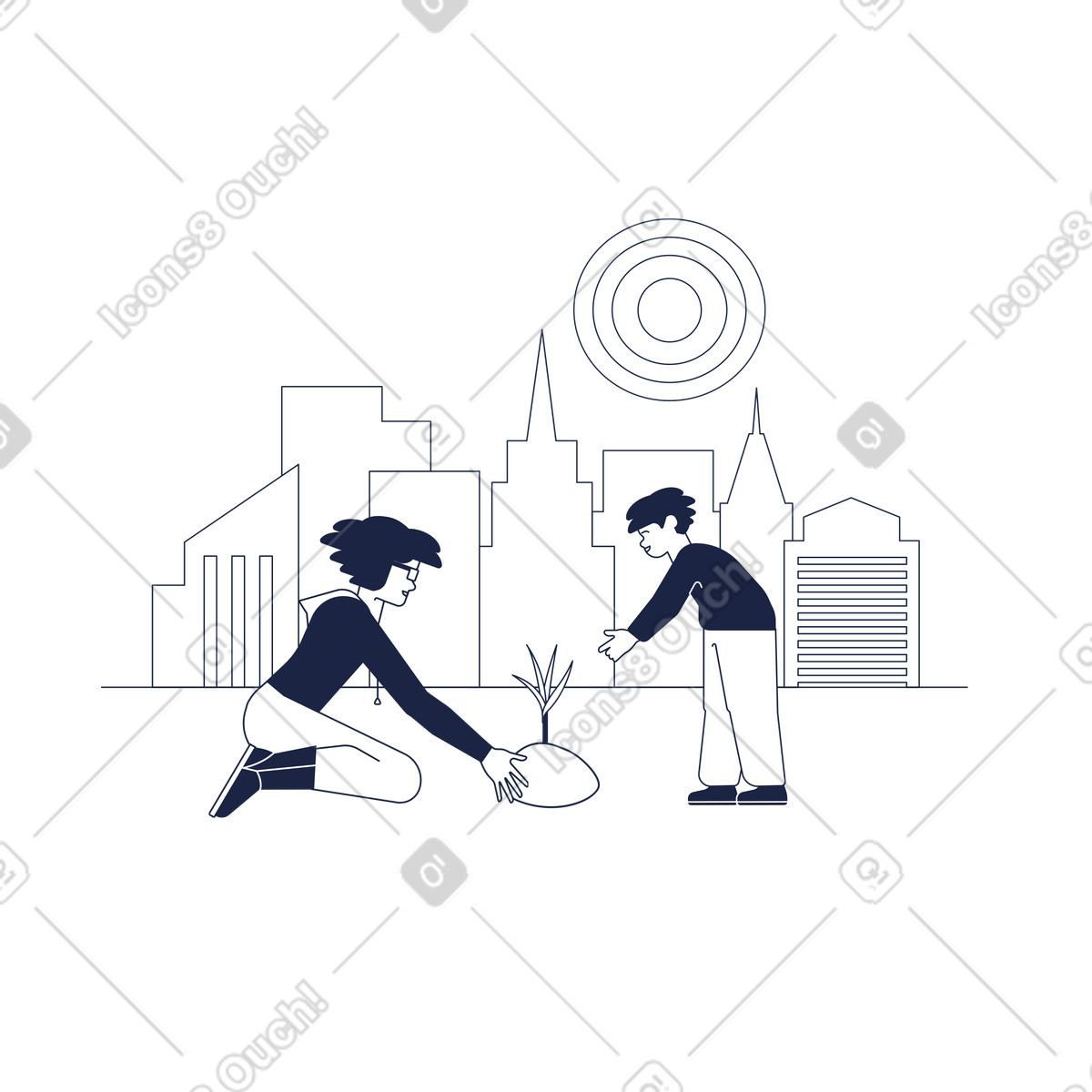 Donna che insegna a un ragazzo l'ambiente illustrazione in stile Urban Line scarica in PNG, SVG