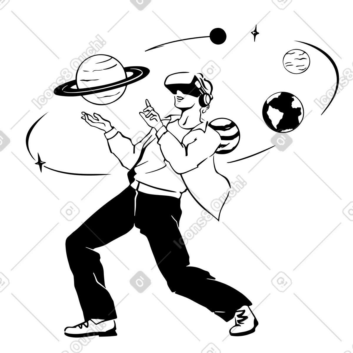Man in virtual reality goggles looking at planets illustration in Line style download in PNG, SVG