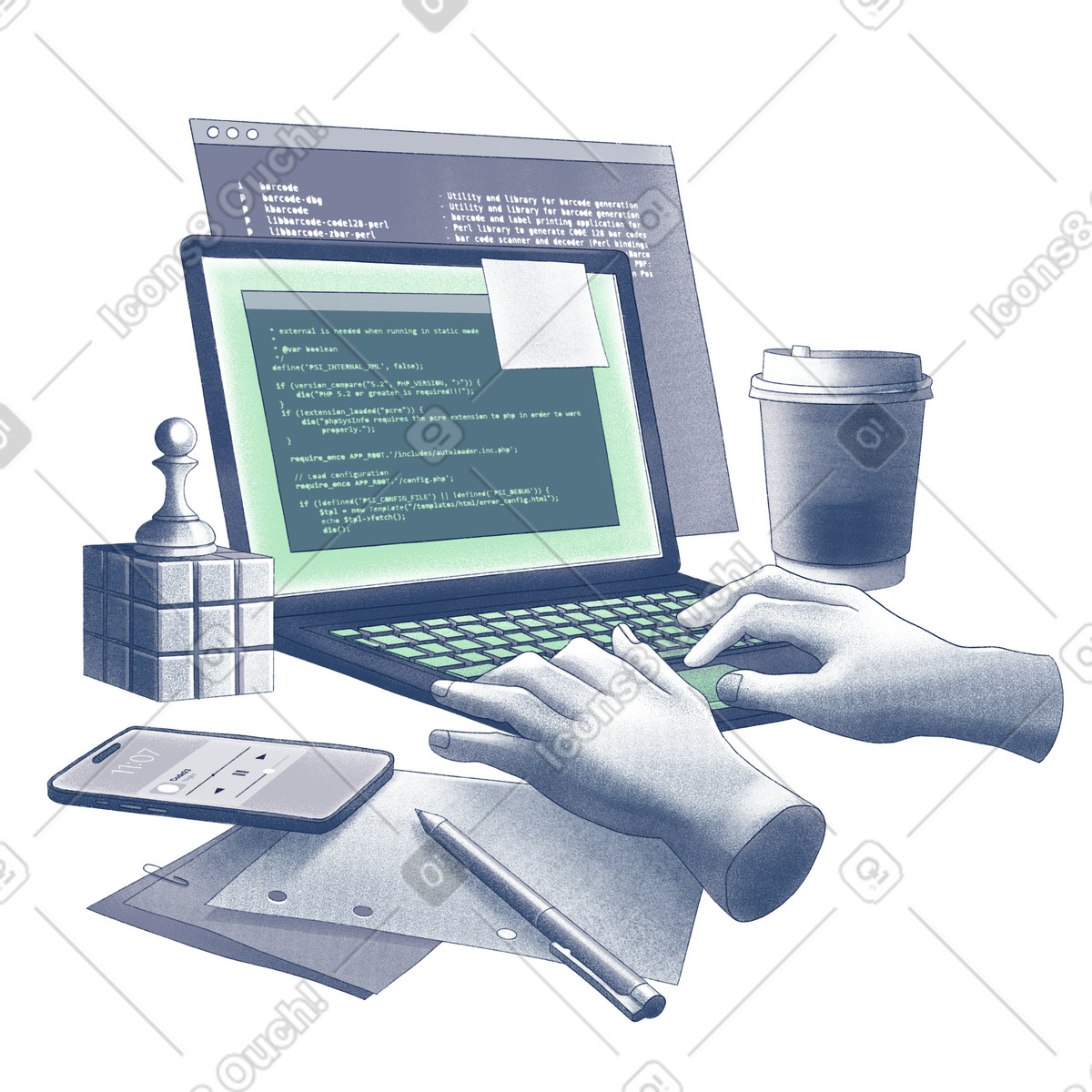 Ilustração de Programador escrevendo código no laptop em PNG e SVG
