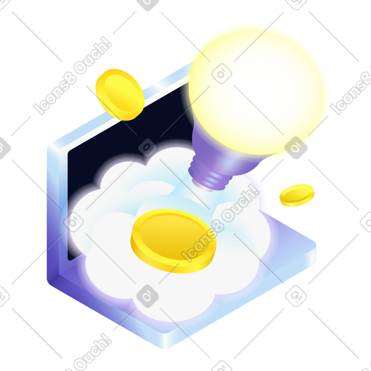 Laptop with launching lightbulb and coins illustrazione in stile Isotech scarica in PNG, SVG