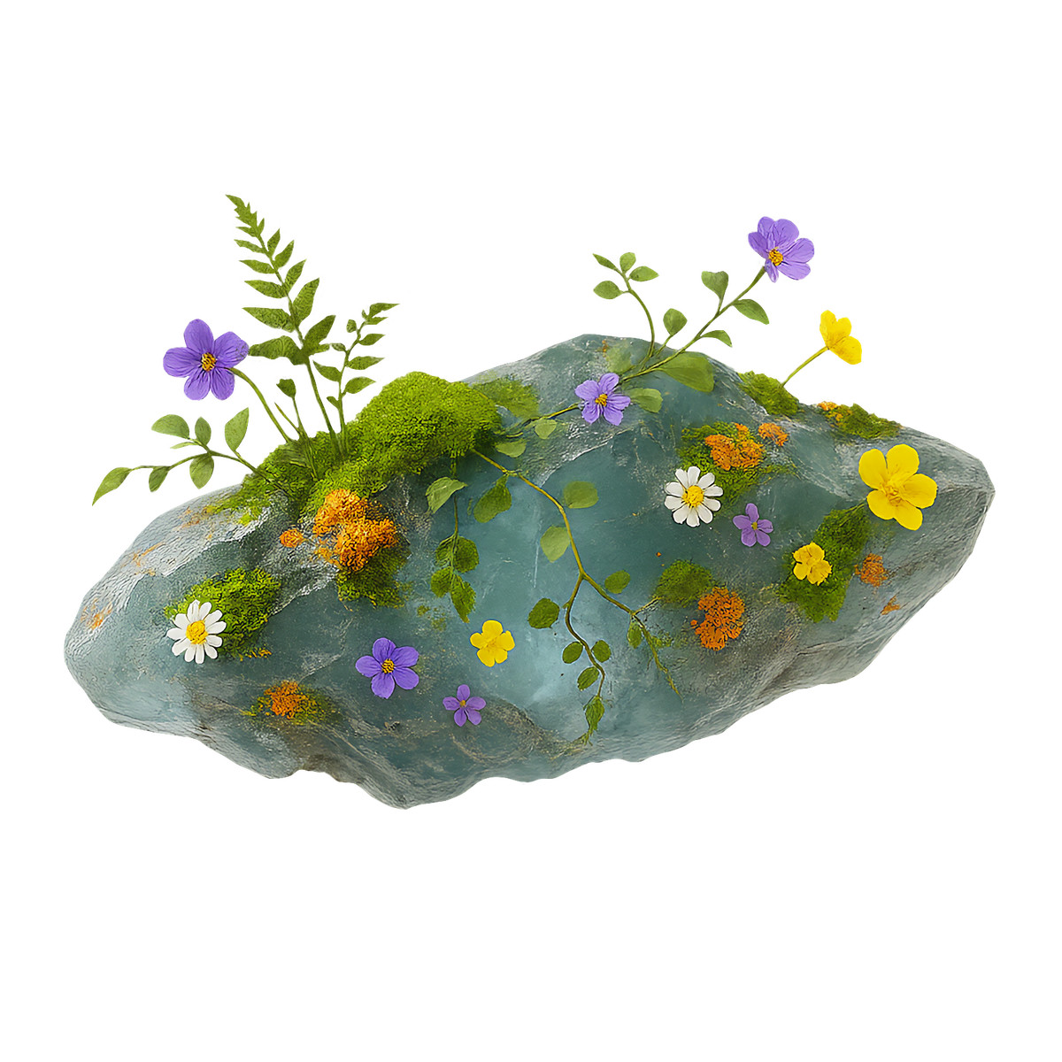 Biomorphic 스타일의 Moss and wildflowers growing on stone, Nature ecosystem 일러스트레이션 PNG, SVG 다운로드