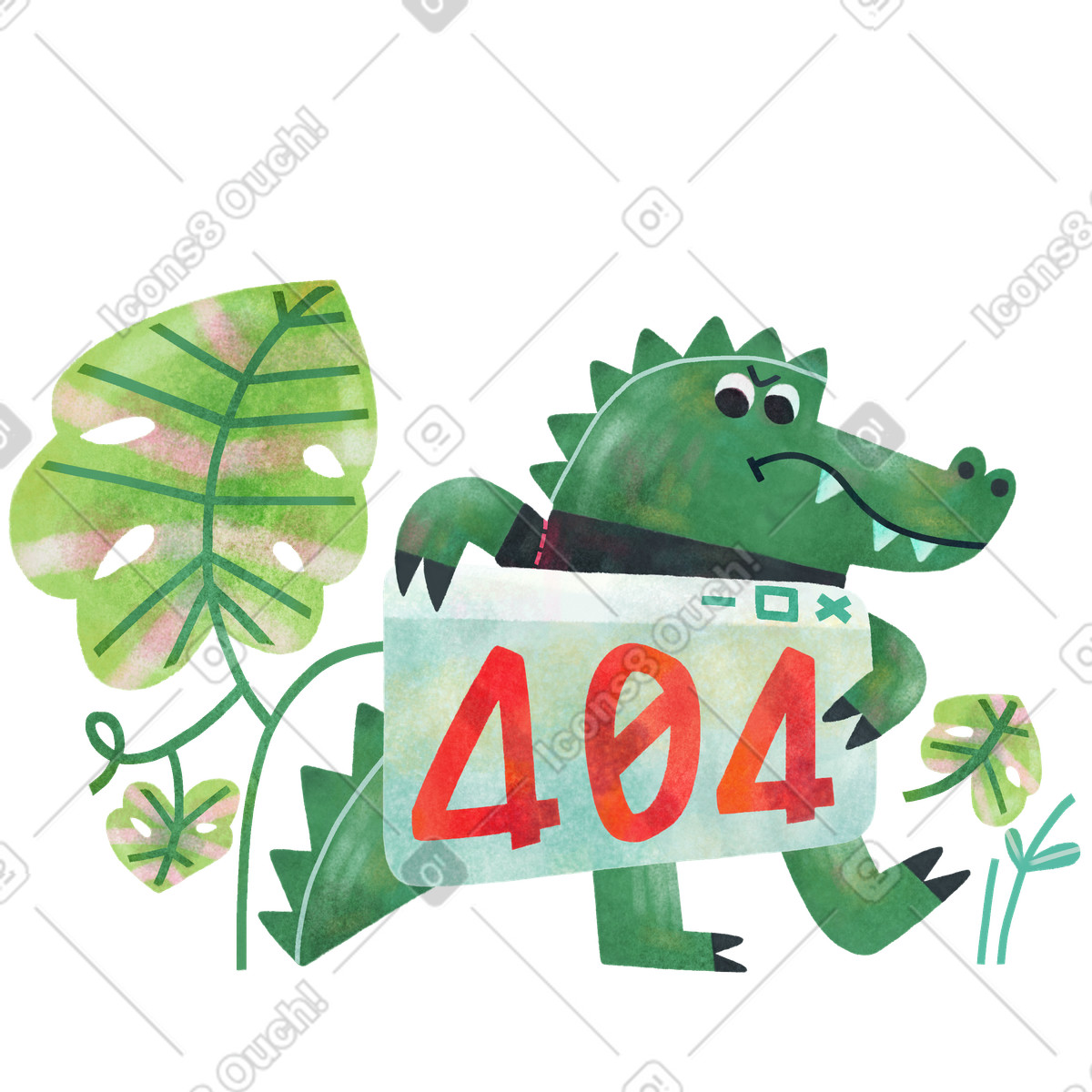 Coccodrillo che tiene la finestra del computer con il cartello 404 illustrazione in stile Jungle scarica in PNG, SVG