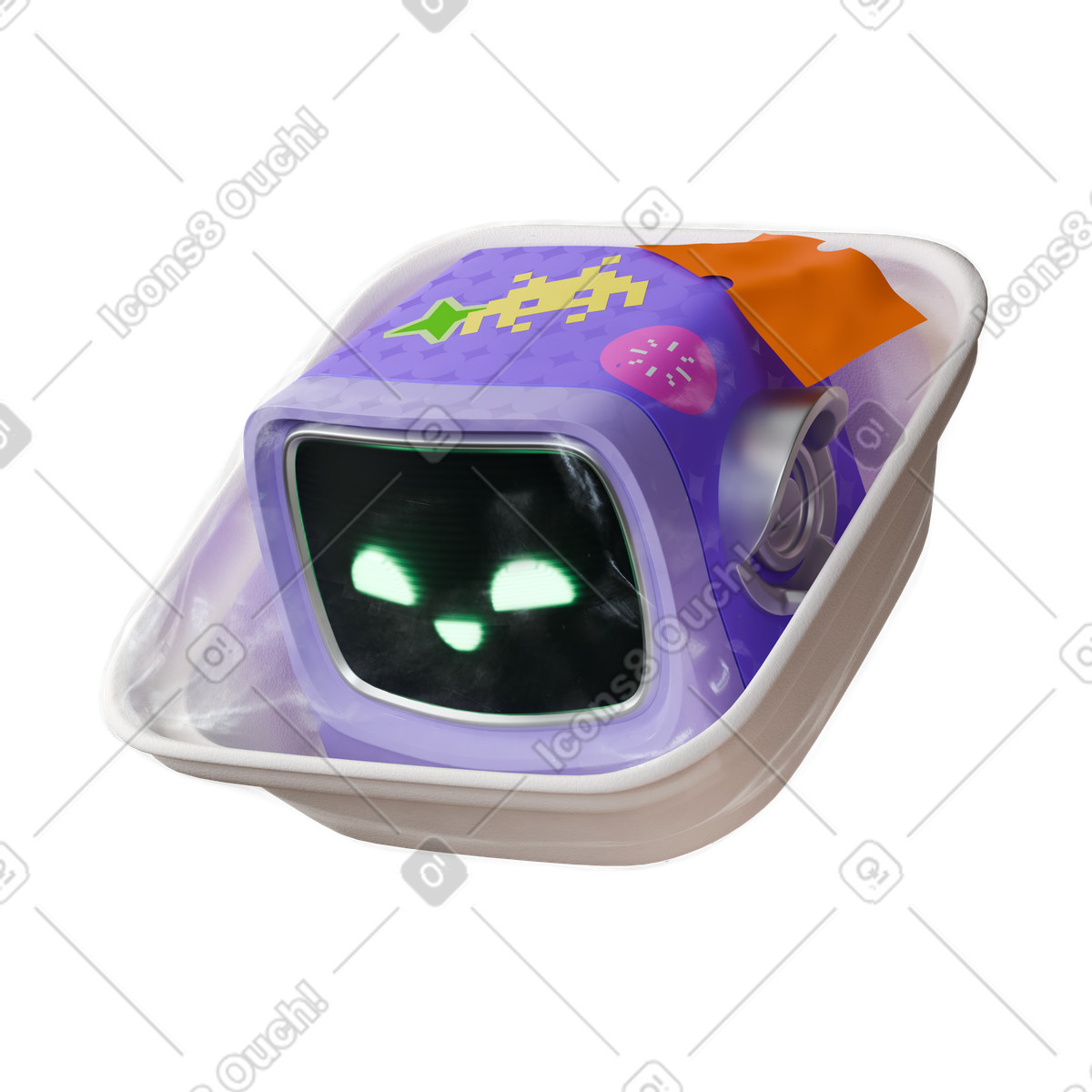 Ai robot assistant in plastic package illustration 3D Stickle style download PNG, SVG
