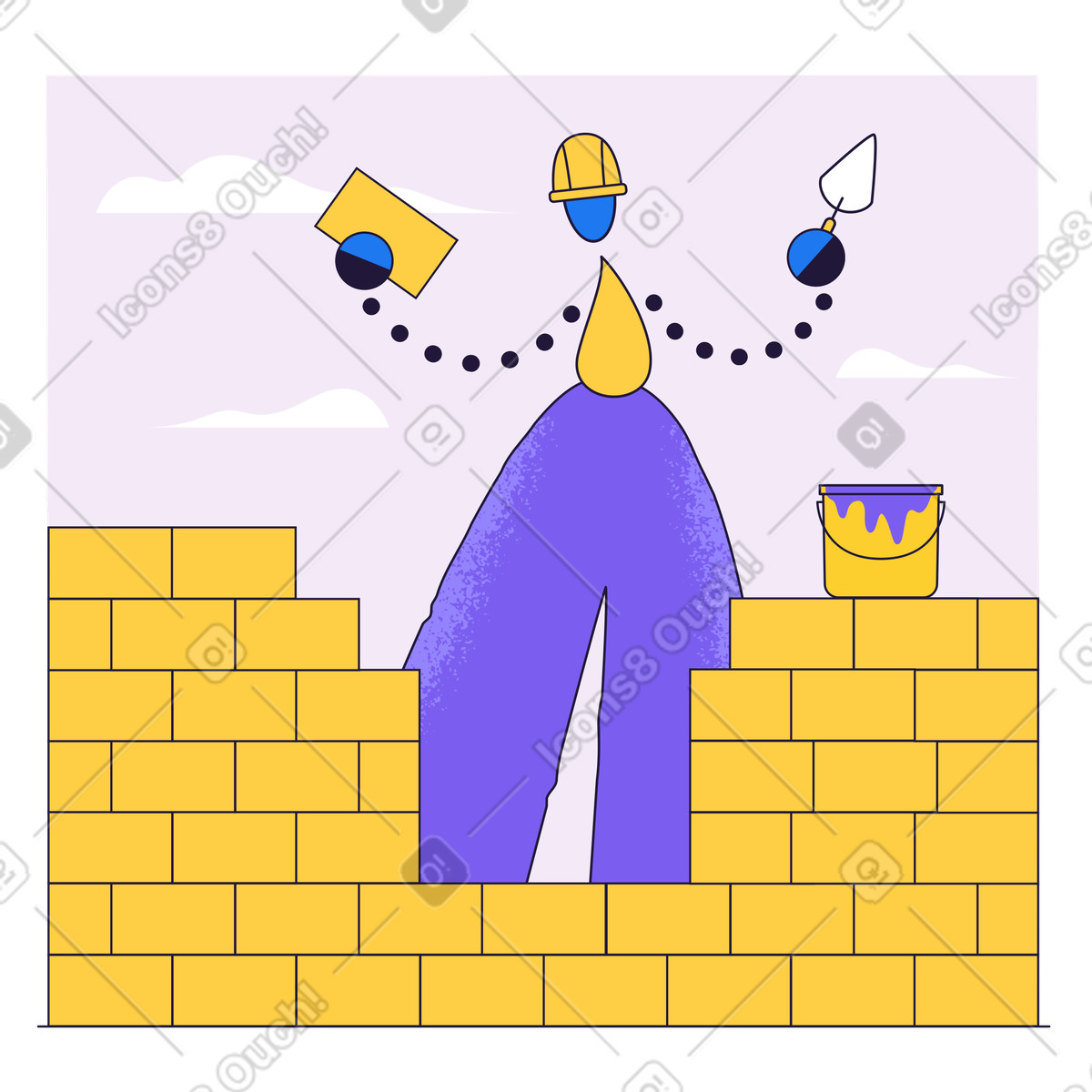 Construction worker building a brick wall illustration in Conifer style download in PNG, SVG