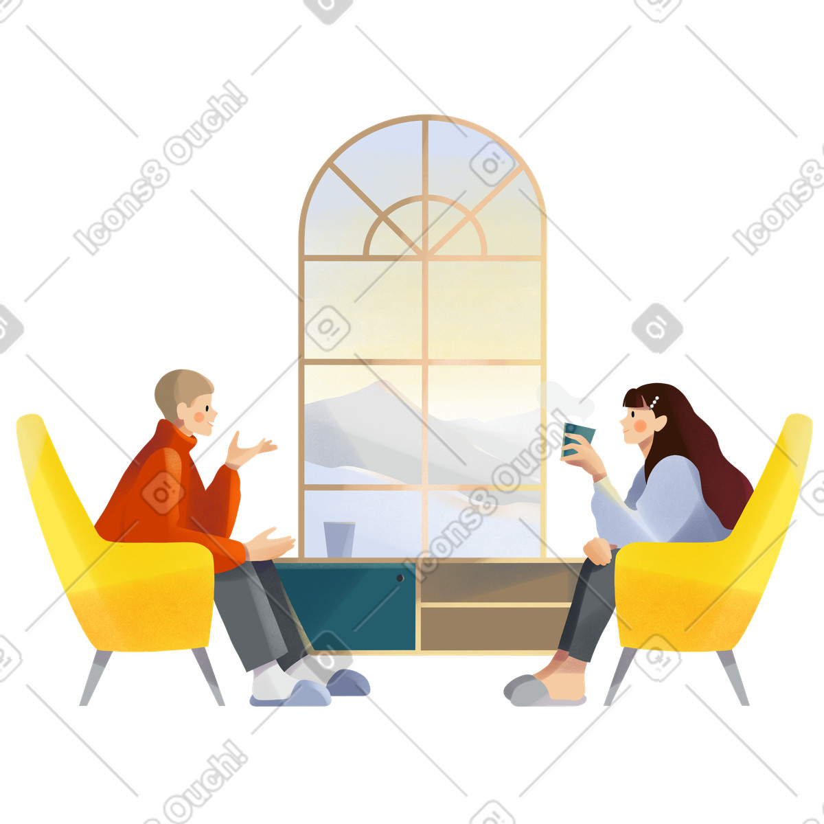 Illustration Friends sitting by the window and talking dans le style Shine à télécharger aux formats PNG, SVG