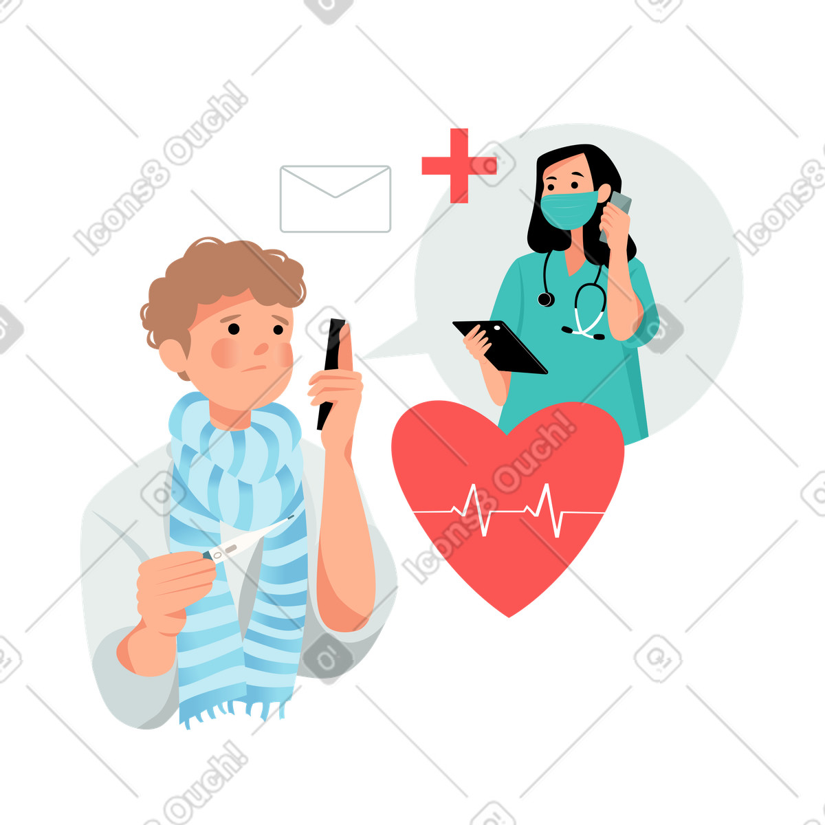Ilustração de Homem doente consultando um médico por telefone em no estilo Lagom para baixar em PNG, SVG