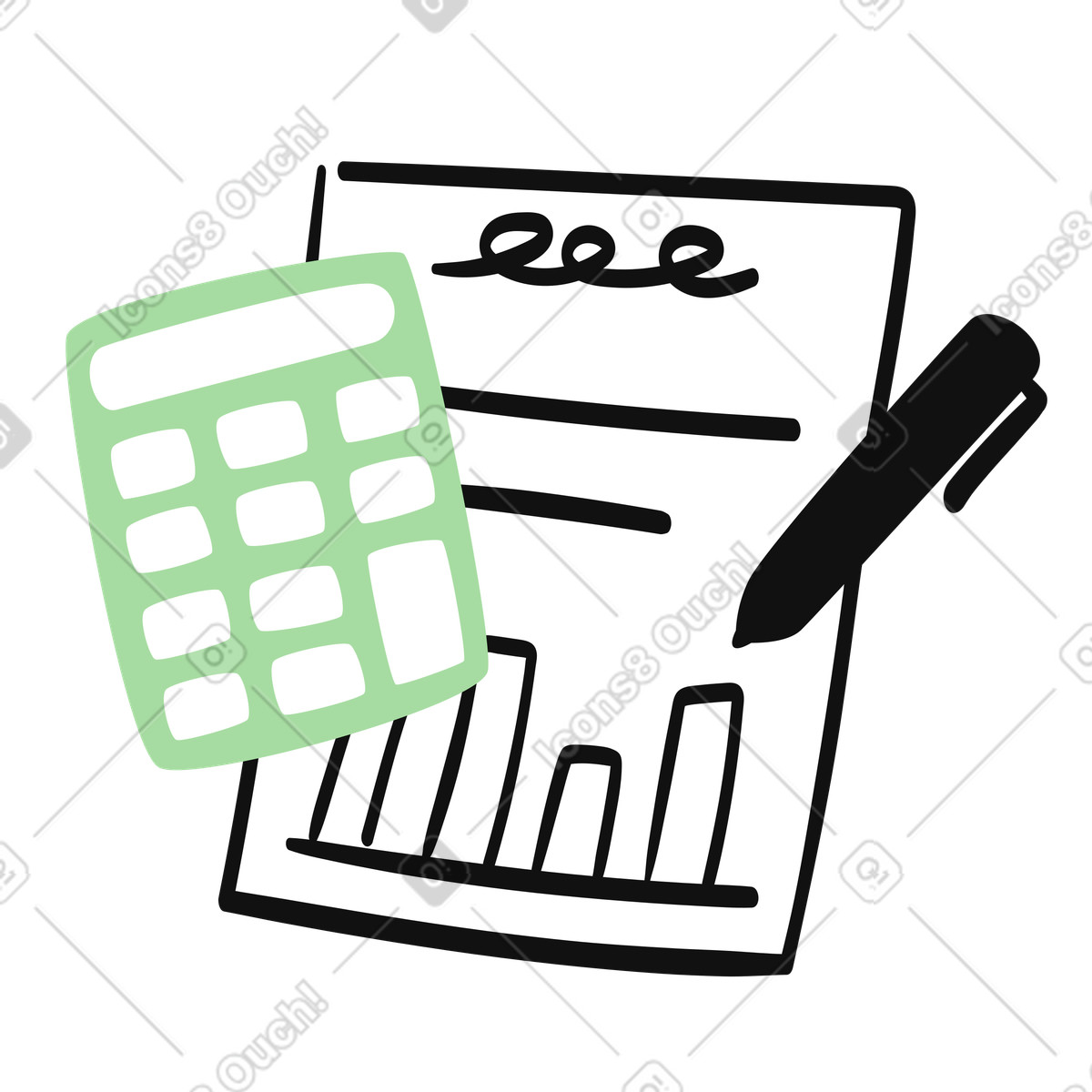 下载 Organic 风格的 Accounting calculator with report document and pen for tax preparation 插画，支持 PNG、SVG 格式