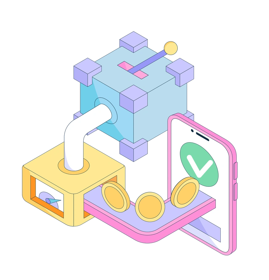 A smartphone connected to a cube and coins - Bubble gum style illustration