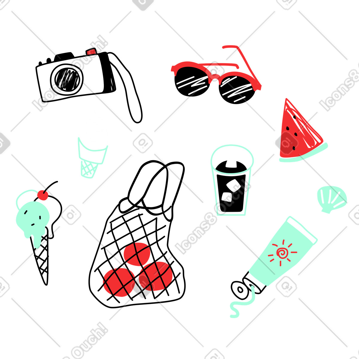 Summer items: fruit, sunscreen, camera, etc. illustration in Spicy style download in PNG, SVG