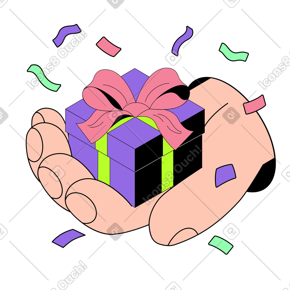 Gift box with bow and confetti animated illustration in Project style download in GIF, Lottie (JSON), AE