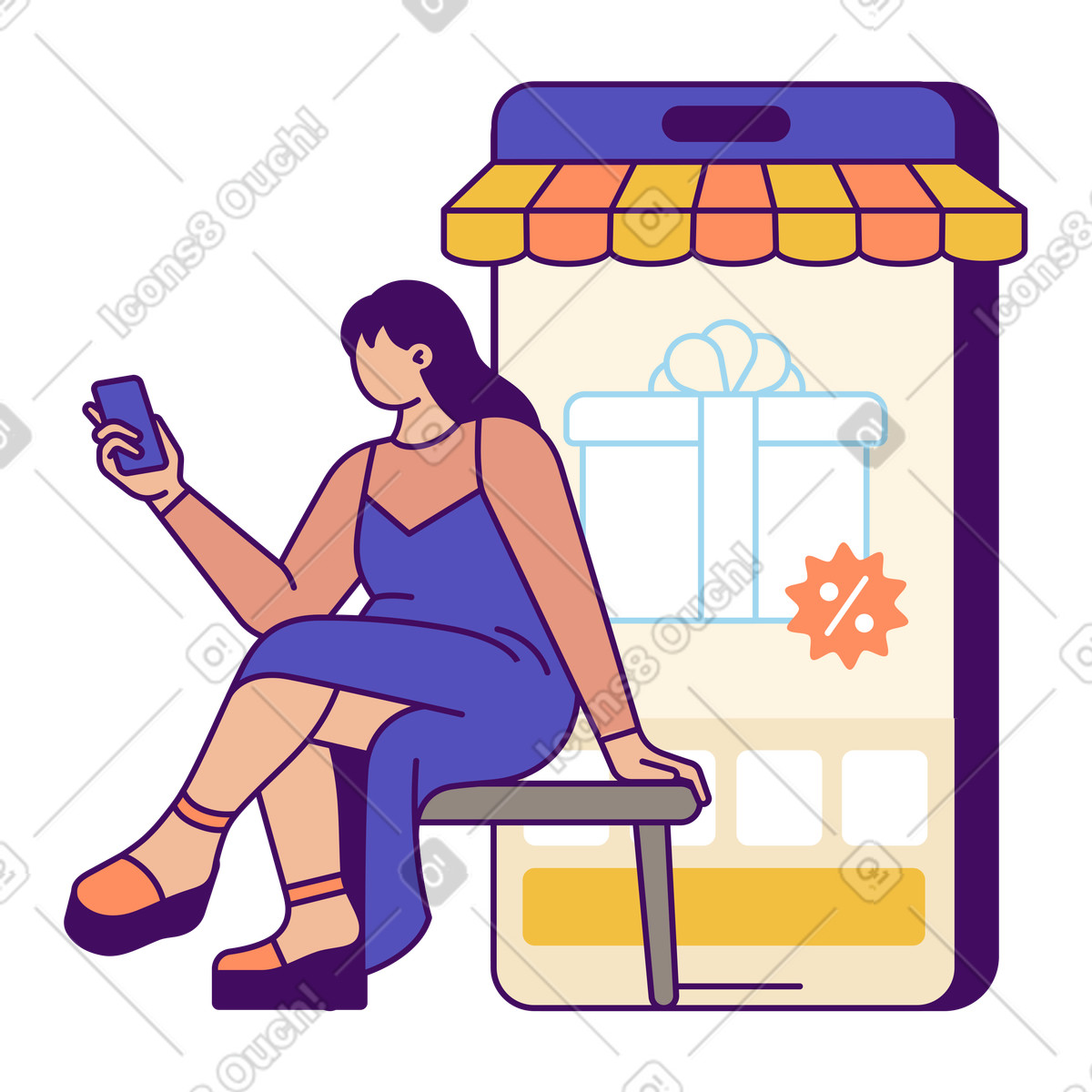 Shopper making online purchase on smartphone, ecommerce app use illustration in Simplistic style download in PNG, SVG