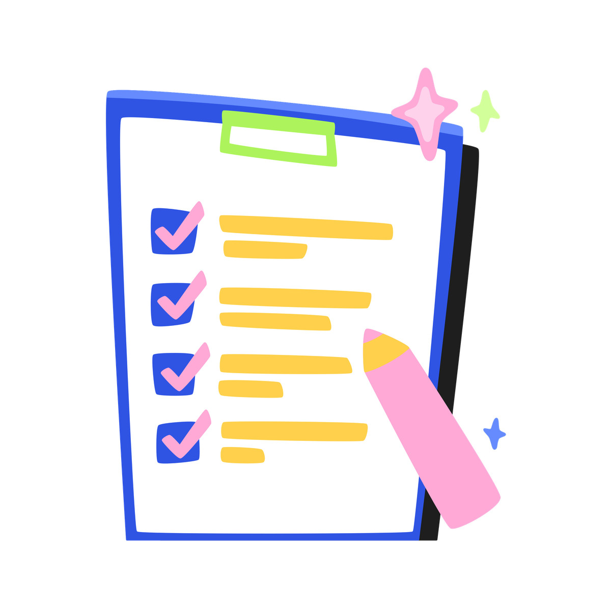 Bouncy スタイルの Completed checklist form on a clipboard and pencil のアニメーションイラストをGIF、Lottie (JSON)、AEでダウンロード