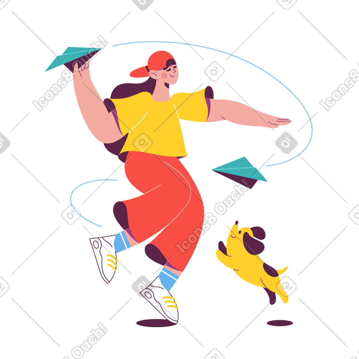 Иллюстрация Playing with dog and paper airplanes, Fun outdoor activity message delivery в стиле Sammy — скачать в форматах PNG, SVG