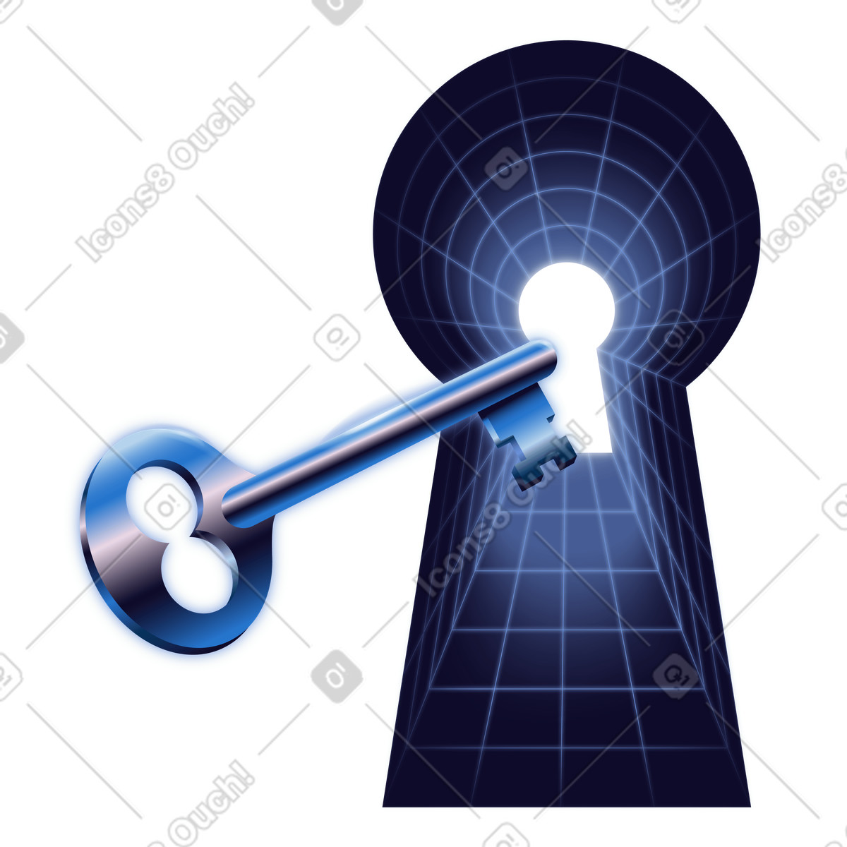 Key unlocking digital keyhole, secure login and private access illustration in Dimension style download in PNG, SVG