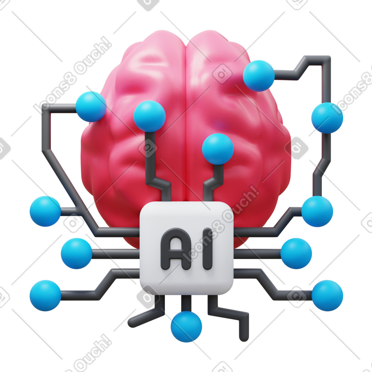 Ilustración Brain connected to ai chip with neural network nodes around en estilo 3D Fluency a descargar en PNG y SVG