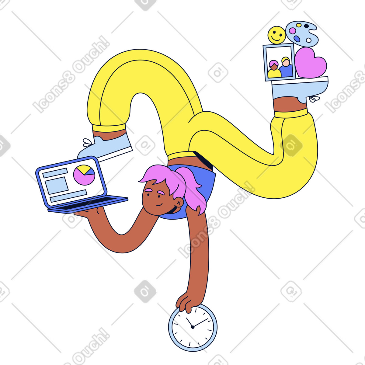 下载 Flexy 风格的 Juggling laptop and clock, Work-life balance, Productivity self-care 动画插图，支持 GIF、Lottie （JSON）、AE 格式
