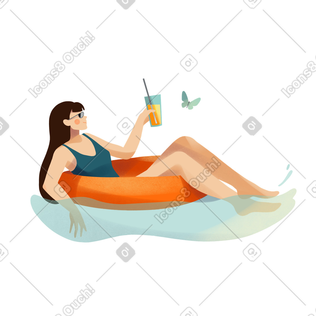 Shine 스타일의 Young woman relaxing in sea water on an inflatable ring with a glass of juice her hand 일러스트레이션 PNG, SVG 다운로드