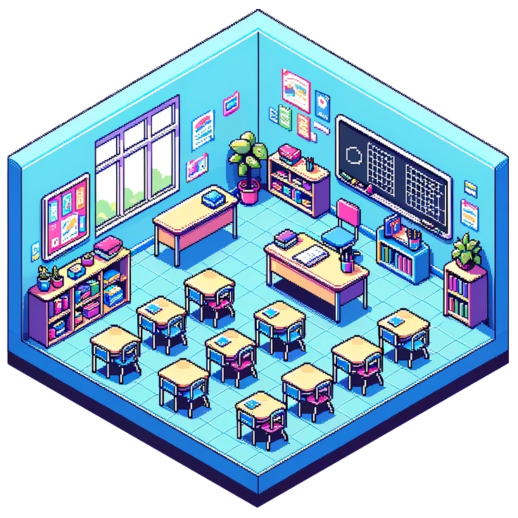 A colorful classroom with desks and a chalkboard - Rooms style illustration