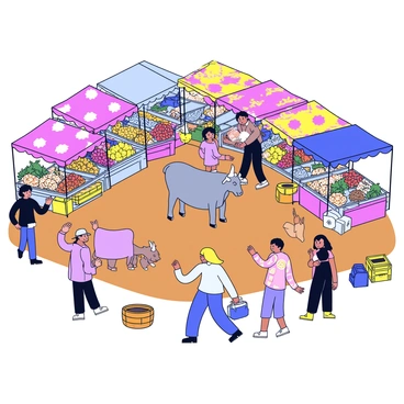 A bustling market scene filled with various colorful stalls. Each stall is covered with bright fabric canopies, displaying an array of fruits, vegetables, and handmade goods. In the center of the scene, a zebu stands calmly, its distinctive hump and large ears prominent. The zebu is tethered to a simple wooden post. Nearby, a vendor is gesturing towards the zebu, engaging potential buyers. People are walking around, some stopping to admire the zebu while others browse through the stalls. The ground is packed with dirt, and there are baskets and crates scattered around, adding to the lively atmosphere.