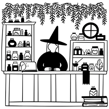 A witch with a pointed hat is standing behind a wooden counter in an apothecary shop. The shop is filled with numerous jars of various shapes and sizes, each labeled with different herbs and potions. Dried herbs are hanging from the ceiling, creating a natural canopy. There are shelves lining the walls, stocked with jars filled with colorful ingredients. A large, ancient book is open on the counter, with a quill and inkpot beside it. A small, round window allows light to spill into the room, illuminating the cluttered but cozy atmosphere.