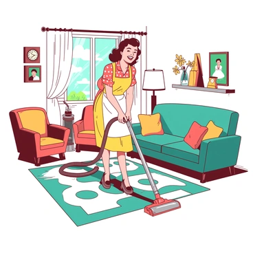 A cheerful 1950s housewife is vacuuming a retro-styled living room. She has a bright smile and is wearing a colorful polka dot dress with a matching apron. The living room features vintage furniture, including a teal sofa and orange armchairs. A classic vacuum cleaner, with a shiny chrome exterior, is in her hand as she moves it across the patterned rug. On the walls, there are framed family photos and a cheerful clock. Sunlight streams through a window, illuminating the lively colors of the room.
