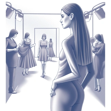 A young aspiring model stands backstage, observing a glamorous fashion show taking place in front of her. Her expression reflects a mix of admiration and longing as she gazes at the models strutting down the runway in elegant outfits. The backstage area is bustling with energy, featuring crew members adjusting lights and preparing garments. The aspiring model has long hair styled neatly and wears a simple outfit, contrasting with the vibrant, extravagant designs showcased on the runway. Ambient lighting highlights her features, emphasizing her desire to be part of the world she admires.