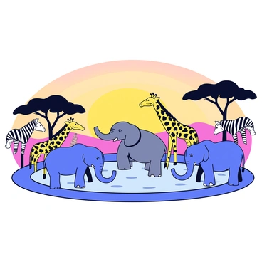 A serene muster of wildlife gathered around a watering hole during sunset