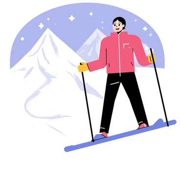 A skier wearing a bright red jacket and black ski pants stands at the top of a steep mountain slope. The skier has a hesitant expression, with wide eyes and a slightly open mouth. In the background, there are tall snow-covered mountains under a clear blue sky. Snowflakes are gently falling around the skier, creating a soft, winter atmosphere. The ski poles are firmly planted in the snow, and trails of previous skiers can be seen winding down the slope. The scene captures the tension and anticipation of the moment before a thrilling descent.