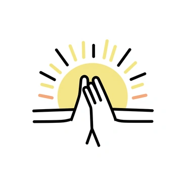 A pair of hands, palms pressed together in a prayer position, is depicted prominently in the foreground. The hands are detailed, showing the texture of the skin and the contours of the fingers. Behind the hands, a rising sun stretches across the horizon, casting warm rays of orange and yellow light. The sun's light gently illuminates the hands, enhancing their significance. The background features a smooth gradient transitioning from deep blue at the top to warm orange near the horizon, suggesting the early morning sky.