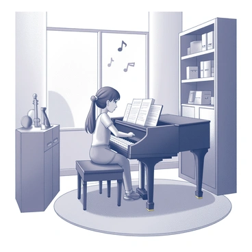A girl sitting at a grand piano in a cozy music room. She has long hair tied back and is focused on the piano keys. There are musical notes floating around her, some appearing to swirl in the air. The room is filled with shelves lined with various musical instruments, and a soft rug is underfoot. A window allows soft light to filter into the space, illuminating the scene.