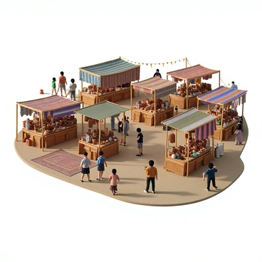 A handicraft fair is taking place in a spacious outdoor setting filled with vibrant stalls. Each stall is adorned with colorful fabrics and banners. Several merchants are present, showcasing a variety of handmade pottery pieces in earthy tones, including bowls, vases, and mugs, each uniquely shaped and decorated. Nearby, vibrant textiles hang from the stalls, featuring intricate patterns and colors, including richly woven scarves and blankets. Attendees stroll through the fair, examining the wares, while a few children are seen playing in the background, adding a lively atmosphere to the scene.