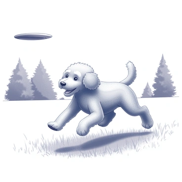 A goldendoodle is depicted in mid-action, running energetically across a grassy area in a park. Its fur is fluffy and well-groomed, with a mix of curly and straight textures visible. The dog has a bright expression, its mouth open in a playful manner as it focuses on a flying frisbee. The frisbee is captured just above the dog's reach, illustrating the excitement of the chase. Surrounding the dog, there are trees in the background, and the ground is covered with fresh grass, creating a lively atmosphere.