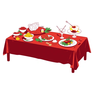 A red table is elegantly set, displaying a progression of dishes that illustrate the culinary evolution from foraged foods to gourmet cuisine. On one end of the table, there are small bowls of assorted wild berries and nuts, representing foraged foods, surrounded by green leaves. Next to them is a rustic wooden platter with freshly baked bread and a small jar of honey. In the middle, there is a colorful vegetable dish featuring heirloom tomatoes, herbs, and a drizzle of olive oil. Further along the table, there is a fine china plate showcasing a beautifully arranged gourmet entrée, garnished with microgreens and edible flowers. At the far end, a delicate dessert is presented in an elegant glass, layered with cream and fruit coulis, topped with a sprig of mint. The setting is inviting and showcases the journey of food through time.