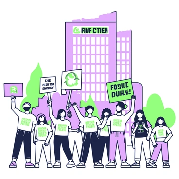 A group of activists is gathered in front of a large oil company building. They are holding various signs with slogans that promote renewable energy and condemn fossil fuels, with clear and bold text displayed. The activists are diverse in appearance, including individuals of different ethnicities and ages. Some are wearing T-shirts with environmental messages. The oil company building is tall with a modern design, featuring large glass windows that reflect the surroundings. In the background, there are few trees, and a clear sky above the scene.