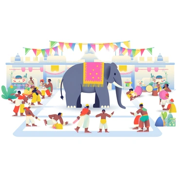A grand royal festival is taking place in a spacious palace courtyard. A large, decorated elephant with vibrant blankets is standing proudly in the center. Musicians are positioned around the courtyard, playing various traditional instruments, including drums and flutes, with colorful banners hanging above them. Children and adults are participating in traditional games, such as tug-of-war and sack races, while wearing bright, festive clothing. A variety of food stalls, adorned with fresh flowers and decorative curtains, offer a glimpse of local delicacies, creating a lively atmosphere filled with joy and celebration.