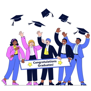 A group of teachers standing in an open outdoor space, smiling joyfully. Each teacher is wearing a formal outfit, and they are gathered together in a circle. In their hands, they are holding graduation caps, which they are joyfully throwing into the air. The caps are black with shiny tassels, soaring upwards against a clear blue sky. Below them, a colorful graduation banner reads "Congratulations Graduates!" The scene captures a sense of celebration and accomplishment.