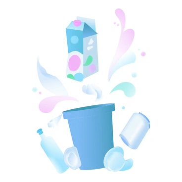 A juice box happily jumping into a recycling bin with other recyclables around.