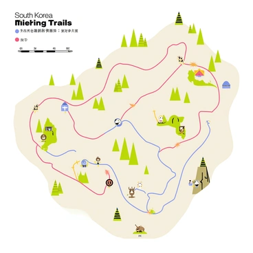 A map of a South Korea hiking trail featuring a detailed layout of paths winding through scenic mountains and national parks. The map includes colorful illustrated representations of various trails, with different colors indicating the difficulty levels of each path. Small icons are placed along the trails, depicting landmarks such as waterfalls, scenic viewpoints, and camping sites. The surrounding mountains are illustrated with green forests and rocky outcrops, while small illustrations of wildlife, such as deer and birds, are scattered throughout the national parks. The title "South Korea Hiking Trails" is prominently displayed at the top of the map.