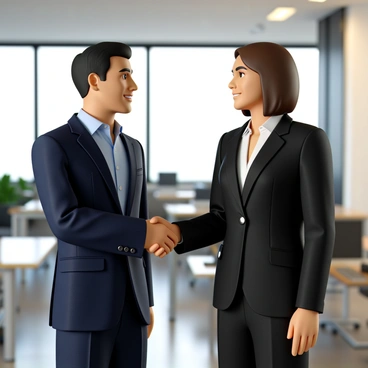 A close-up view of two professionals shaking hands in a corporate setting. One professional has short, dark hair and is wearing a tailored navy blue suit and a light blue dress shirt. The other professional has shoulder-length brown hair and is dressed in a fitted black blazer with a white blouse. The handshake is firm and confident, with both individuals displaying expressions of mutual respect. The background features a blurred office environment with modern furniture and large windows letting in natural light.