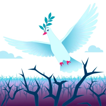 A white dove with elegantly outstretched wings is flying gracefully over a vast expanse of thorns. Its beak holds a vibrant green olive branch, symbolizing peace. The field below is dense with sharp thorns, showing a stark contrast to the dove above. The thorns are dark and jagged, while the olive branch is lush and bright, creating a visual narrative of peace overcoming hatred. The sky in the background is clear with soft clouds, providing a serene backdrop to the scene.