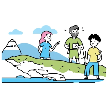 A group of settlers stands on the edge of a Catan island, gazing towards an unknown horizon. Each settler has distinct features: one man with a brown beard, wearing a green tunic, is holding a map, while a woman with long red hair, dressed in a blue dress, points towards the distance. Another settler, a young man with short black hair in a yellow shirt, holds a wooden staff. Behind them, the coastline of the island is visible, with patches of green grass and rocky terrain. The sky is clear with shades of blue, and the horizon shows hints of distant landmasses.