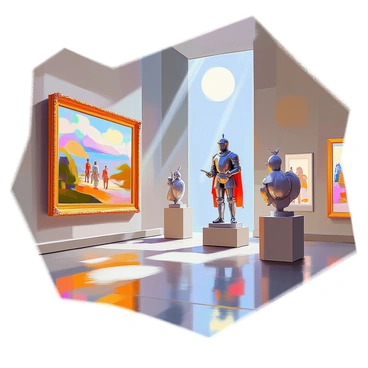 A magical scene inside a grand museum during the night. The large hall is dimly lit, with moonlight streaming through the tall windows. Various exhibits are present, including vibrant paintings on the walls and intricate sculptures on pedestals. One painting depicts a serene landscape, and the figures within it appear to be gently moving, bringing the scene to life. Nearby, a sculpture of a gallant knight shifts slightly, as if ready to step off its pedestal. Shadows dance across the floor, creating a sense of enchantment and wonder in the air. The atmosphere is filled with an aura of mystery, as various artifacts seem to interact with each other in this animated display.
