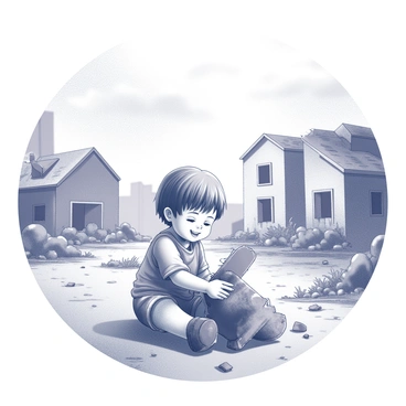 A young child is sitting on the ground, engaged with a handmade toy. The toy, crafted from salvaged materials, appears rustic with visible wear and tear. The child, wearing tattered clothing, has an expression of concentration and joy. Surrounding the child is a desolate landscape featuring crumbling buildings and overgrown vegetation, hinting at a once-thriving environment now in disrepair. The sky above is cloudy, with hints of light filtering through. Debris and remnants of the past are scattered throughout the scene, adding to the atmosphere of survival and resilience.