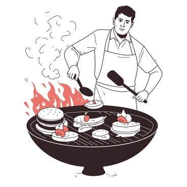 A person with a focused expression is confidently flipping burgers and steaks on a smoking grill. The grill is black and shiny, with thick smoke rising above it. The person is wearing an apron and holding a large spatula in one hand, while the other hand turns a steak, making the meat sizzle. The bright flames from the grill are visible, creating a dramatic effect against the smoky backdrop. The scene is filled with an assortment of delicious-looking meats, all perfectly cooked.