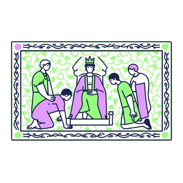 An ancient mosaic depicts a scene of citizens bowing before a ruler. The ruler is seated on an ornate throne, wearing a crown and elaborate robes adorned with symbols of power. The citizens are shown in various poses of submission, some kneeling with heads lowered, while others are slightly bent at the waist, their expressions solemn. Surrounding the central figures, intricate patterns of green and purple fill the background, enhancing the grandeur of the scene. The borders of the mosaic are detailed with vines and geometric shapes, adding to the historical significance of the artwork.