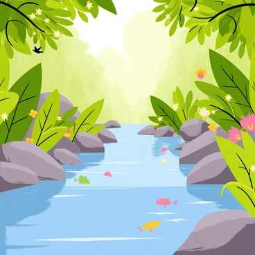A small stream flowing through a lush rainforest, surrounded by vibrant green foliage