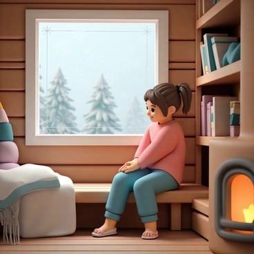 A young girl, wearing a cozy red sweater and blue jeans, is sitting on a wooden bench beside a frosted window in a rustic cabin. Her brown hair is tied in a loose braid, and she has a warm smile as she gazes outside. The window is covered with delicate frost patterns, and beyond it, snow is gently falling, blanketing the forest view with white. The cabin interior is warm and inviting, with wooden walls, a small bookshelf filled with books, and a few blankets draped over the bench. The soft glow from a nearby fireplace creates a comforting atmosphere.