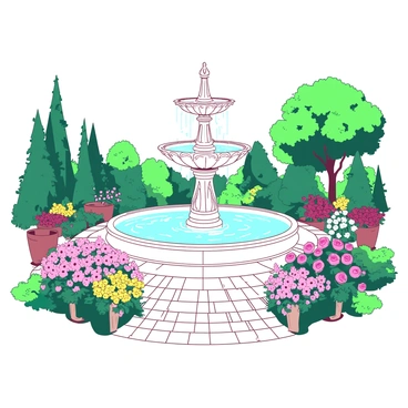 A white fountain with intricately carved details is situated in the center of the courtyard. Water is gently cascading from the top tier of the fountain, creating a soothing sound. Surrounding the fountain, there are vibrant flower beds filled with various blooming flowers in shades of pink and yellow. Lush greenery surrounds the area, with neatly trimmed hedges and potted plants adding to the vibrant atmosphere. The courtyard is paved with cobblestones, leading to the fountain and creating a welcoming path through the flourishing landscape.