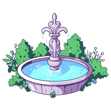 A stone garden fountain features a large basin filled with clear water. Water is cascading gently over intricately designed fleur-de-lis carvings that adorn the fountain's sides. The fountain is surrounded by lush greenery, with small plants and flowers lining the edges of the basin. The sunlight glistens off the flowing water, creating a serene focal point in the garden.